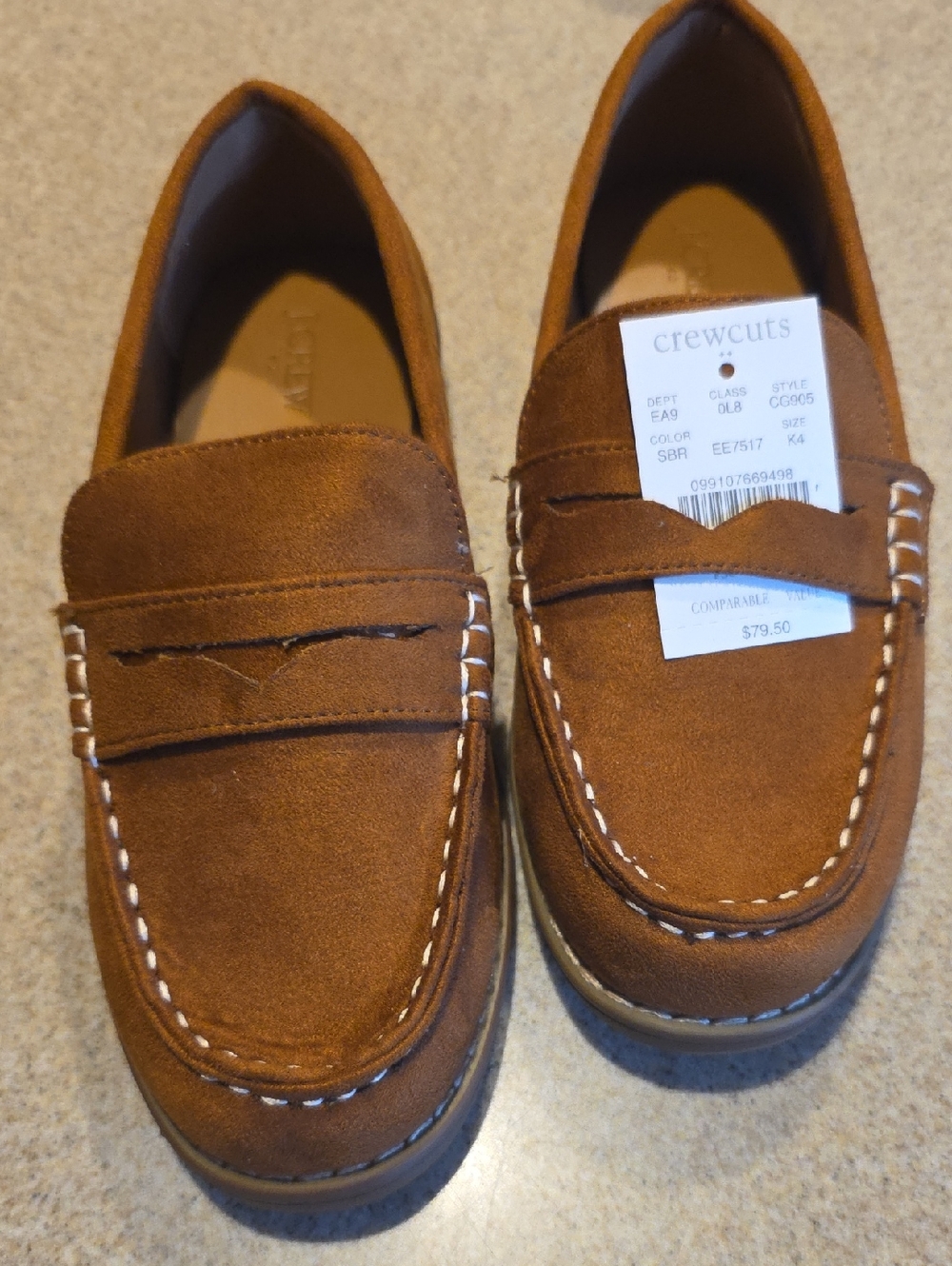 Crewcuts Tan Suede Penny Loafers with White Stitching